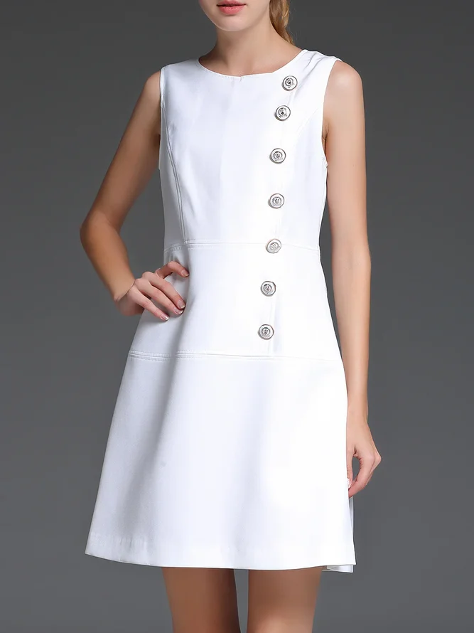 Buttoned Sleeveless Aline Cotton Crew Neck Mini Dress stylewe